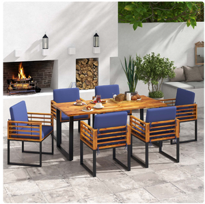 7 Pieces Patio Acacia Wood Dining Chair and Table Set for Backyard and Poolside-Navy - Fully Assembled