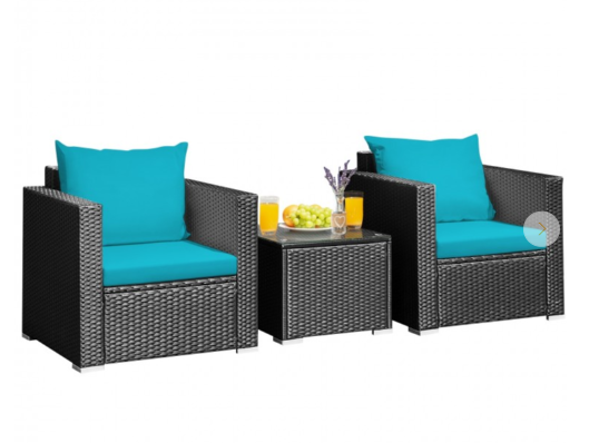 3 Pieces Cushioned Rattan Patio Set with Coffee Table-Turquoise, Fully Assembled