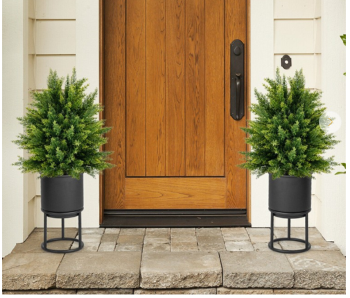 Set of 2 - 21.5``Artificial Cedar Topiary Ball Tree with Cement Pot