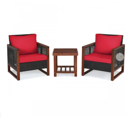 3 Pieces Acacia Wood Patio Furniture Set with Coffee Table-RED  (See Description)