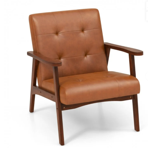Mid Century Modern Accent Chair with Solid Rubber Wood Frame and Leather Cover-Brown (Assembled)