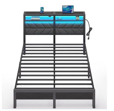 Bed Frame Queen Size with LED/Charging Station, Grey - (1 Box, Unassembled)