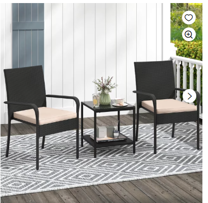 3 Piece Patio Furniture Set with Seat Cushions and Glass Tabletop, Grey Wicker,White Cushions - Assembled