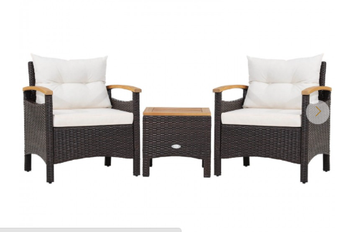 3 Pieces Patio Rattan Conversation Set with Removable Cushion - Assembled