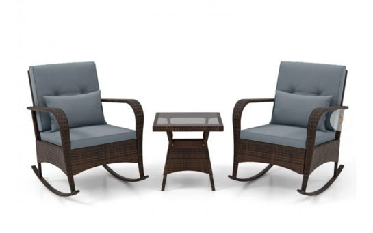 3 Pieces Outdoor Rocking Set with Tempered Glass Coffee Table for Backyard Poolside
