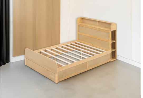 Full Size Bed Frame with Drawer, Platform Bed with Storage Headboard (2 Boxes)
