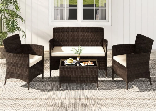 4 Piece Patio Rattan Conversation Set with Cozy Seat Cushions-Gray (Assembled)