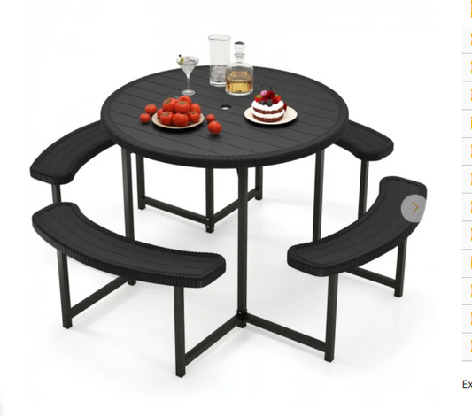Round Picnic Table Bench Set with 4 Benches and Umbrella Hole for Patio Lawn (Assembled)