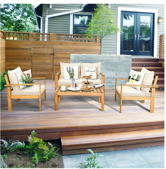 Brown 4-Pieces Wood Patio Conversation Set with cream Cushions - Assembled