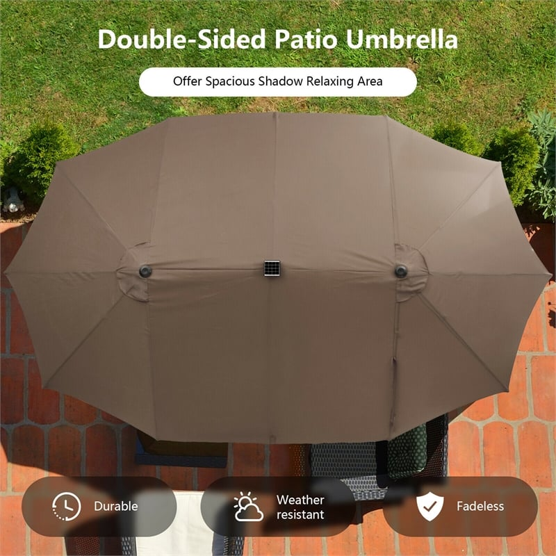 15 Feet Double-Sided Patio Umbrella with 48 LED Lights and Base, Tan
