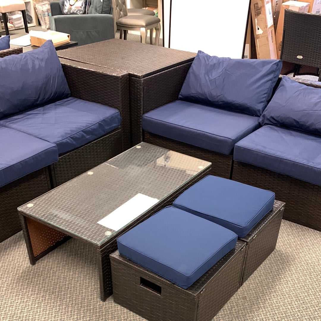 8 Pieces Patio Rattan Furniture Set with Storage Box and Waterproof Cover-Navy