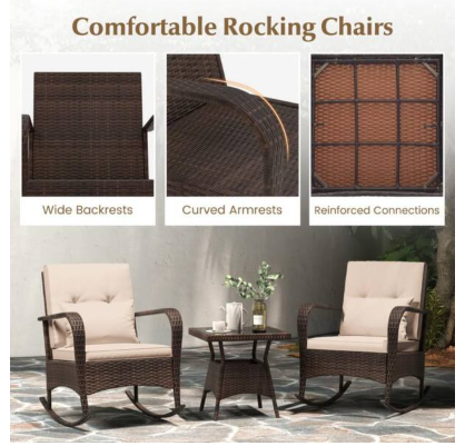 3 Pieces Outdoor Rocking Set with Tempered Glass Coffee Table for Backyard Poolside (Fully Assembled) (Copy)