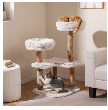 Modern Cat Tree Tower 40" with Luxury Real Wood Natural Branch, Natural & White