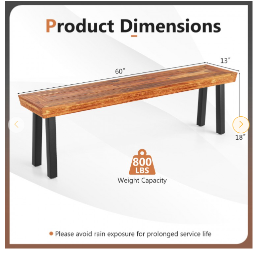 Patio Acacia Wood Dining Bench Seat with Steel Legs (Assembled) [Shipping Damage]