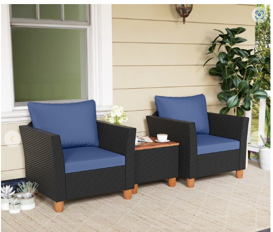 3PCS Patio Rattan Furniture Set Cushioned Conversation Set Coffee Table Navy (Fully Assembled)