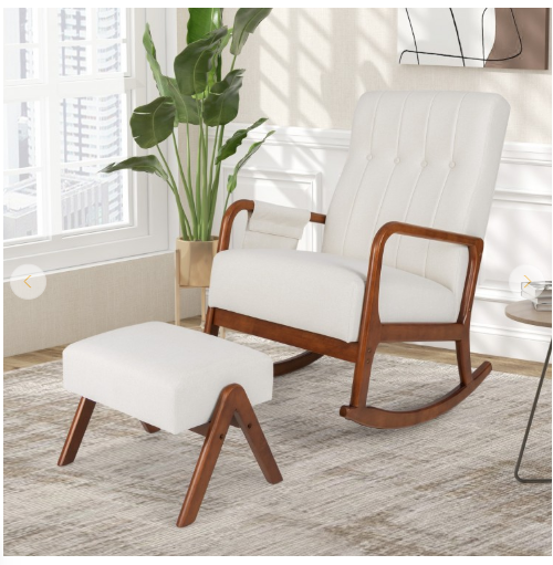 Rocking Chair with Ottoman and Padded Cushion, White (Fully Assembled)