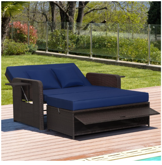 Patio Rattan Daybed with 4-Level Adjustable Backrest and Retractable Side Tray-Navy (Assembled)
