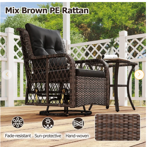 3 Pieces Patio Furniture Set PE Wicker Swivel Glider Chairs with 2-Tier Side Table and Cushions-Black (Assembled)