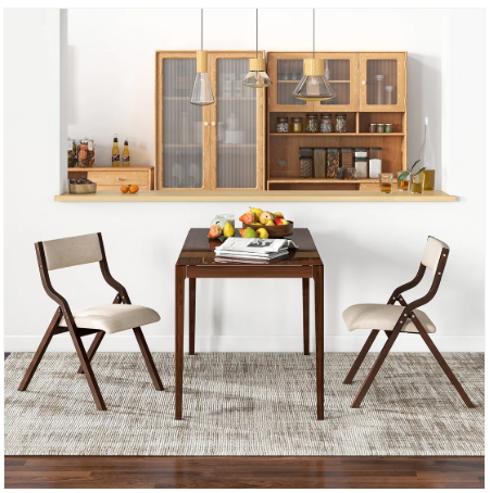 Set of 2 Wooden Folding Dining Chair with Linen Fabric Padded Seat and Backrest-Coffee