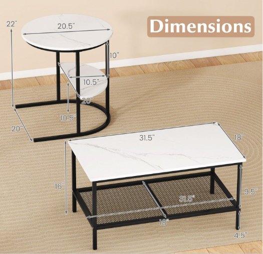 Coffee Table Set-2-Tier Rectangle Coffee Table and Side End Table with Storage Shelves
