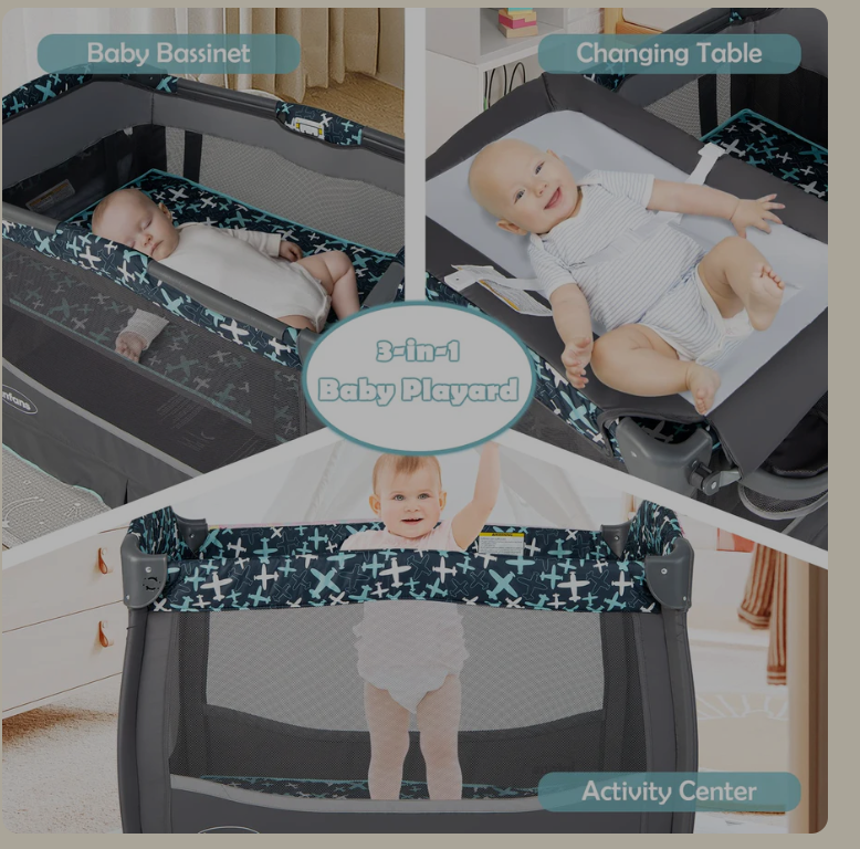 4 in 1 Portable Baby Crib with Flip-Away Changing Table, Foldable Playard Bassinet Nursery Center