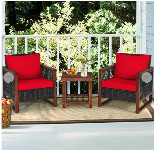 3 Pieces Acacia Wood Patio Furniture Set with Coffee Table-RED  (See Description)