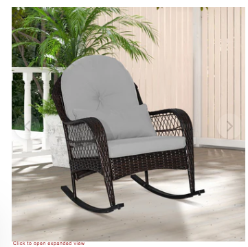 Patio Rattan Rocking Chair with Seat Back Cushions and Waist Pillow-Grey