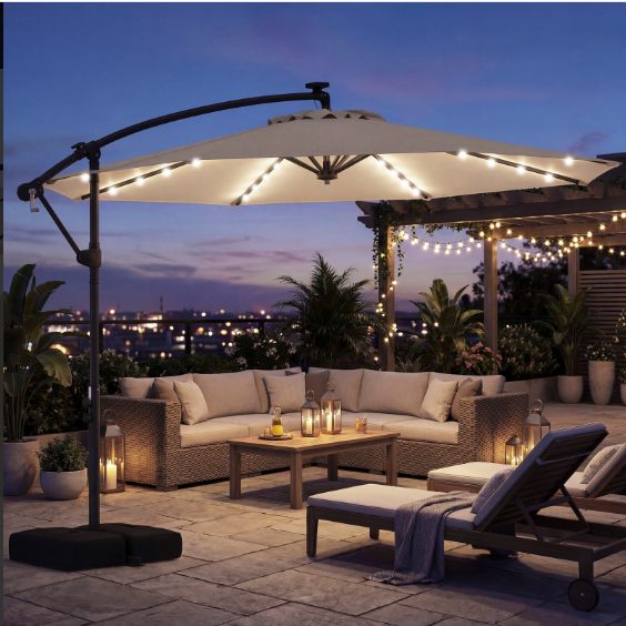 10 Feet Cantilever Umbrella with 32 LED Lights and Solar Panel -Beige (Customer Return)