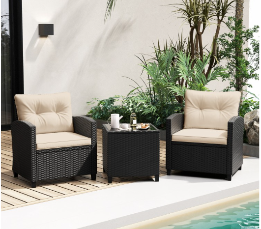 3 Pieces Rattan Patio Conversation Set with Coffee Table-Beige, (Fully Assembled)