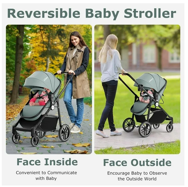 2 in 1 Baby Stroller, High Landscape Infant Stroller and Reversible Bassinet Pram with Adjustable Canopy (Grey)