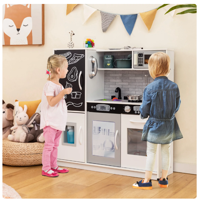 Kid's Pretend Play Kitchen Toddler Kitchen Playset with Blackboard White, (Fully Assembled)
