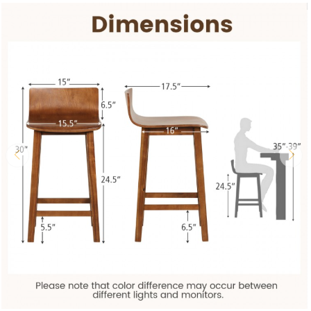 Set of 2 - Bar Stools with Solid Back and Seat-Brown (Assembled)