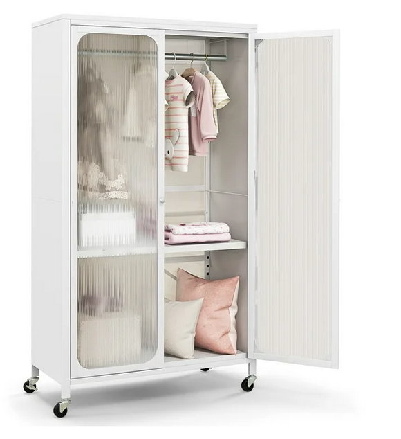 Rolling Storage Armoire Closet with Hanging Rod and Adjustable Shelf - Scratch and Dent