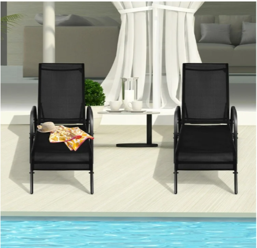 2 Pieces Outdoor Patio Lounge Chair Chaise Fabric with Adjustable Reclining Armrest-Black