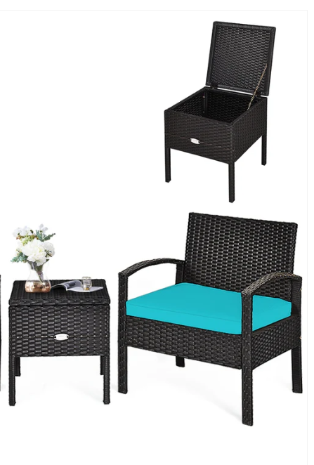 2 Piece Rattan Wicker chair and Coffee Table - Turquoise