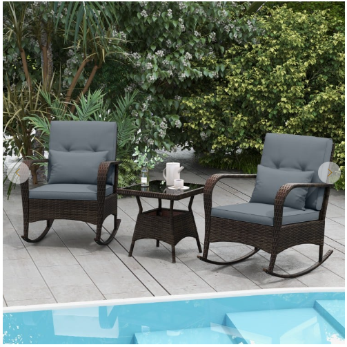 3 Pieces Outdoor Rocking Set with Tempered Glass Coffee Table for Backyard Poolside