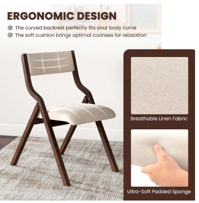 Set of 2 Wooden Folding Dining Chair with Linen Fabric Padded Seat and Backrest-Coffee