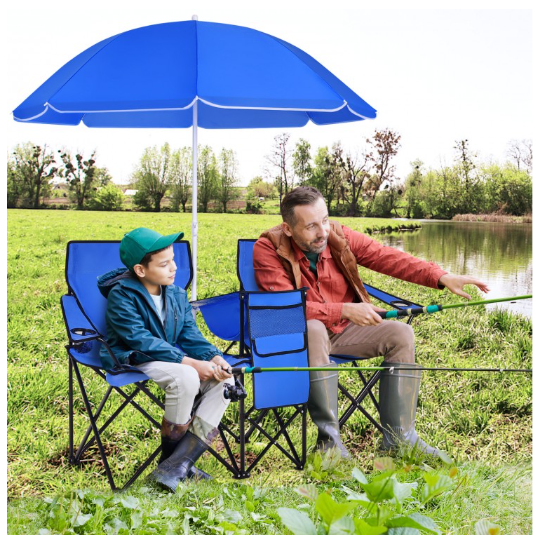 Portable Folding Picnic Double Chair With Removable Umbrella-Navy