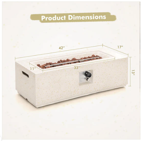 42 Inch 50 000 BTU Rectangle Terrazzo Fire Pit Table with PVC Cover-White