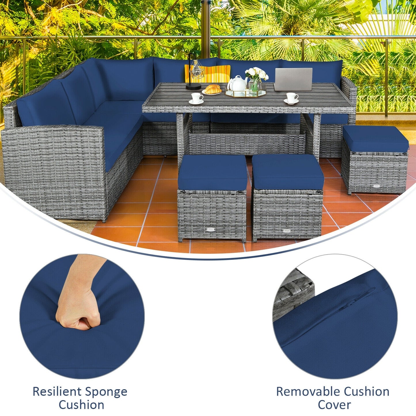 NO TAX SPECIAL, 7 Pieces Patio Rattan Dining Furniture Sectional Sofa Set with Wicker Ottoman-Navy (Copy)
