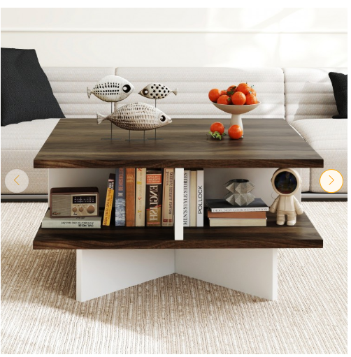 2-Tier Square Coffee Table with 4 Storage Compartments-Walnut (Fully Assembled)