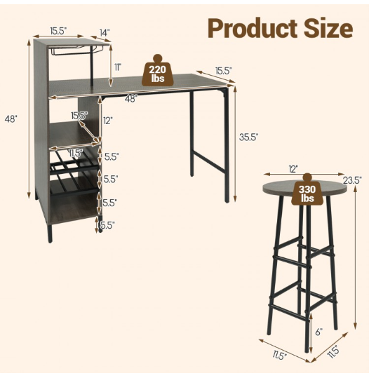 3 Piece Bar Table and Chairs Set with 6-Bottle Wine Rack-Oak (Scratch and Dent) - Assembled