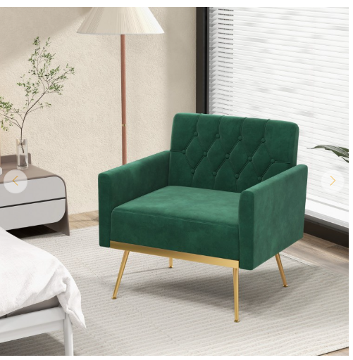 Wide Velvet Accent Chair with Button Tufted Back Golden Metal Legs