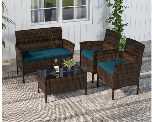 TAX FREE - 4 Piece Patio Rattan Conversation Set with Cozy Seat Cushions-Peacock Blue (Assembled)