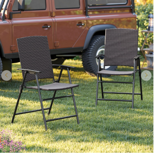 Set of 2 - Folding Patio Wicker Dining Chairs with Armrests and Metal Frame