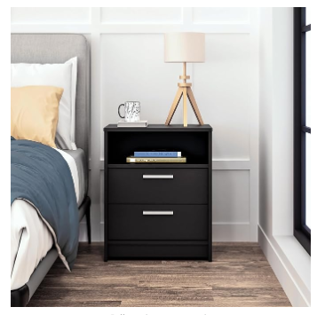 Nightstand Bedside with 2 Drawers and Open Shelf, Black (Fully Assembled)