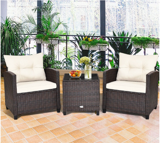 3 Pieces Rattan Patio Conversation Set with Coffee Table-White, Fully Assembled