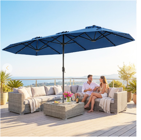 13FT Double-sided Patio Umbrella with Solar Lights - Navy (Assembled)