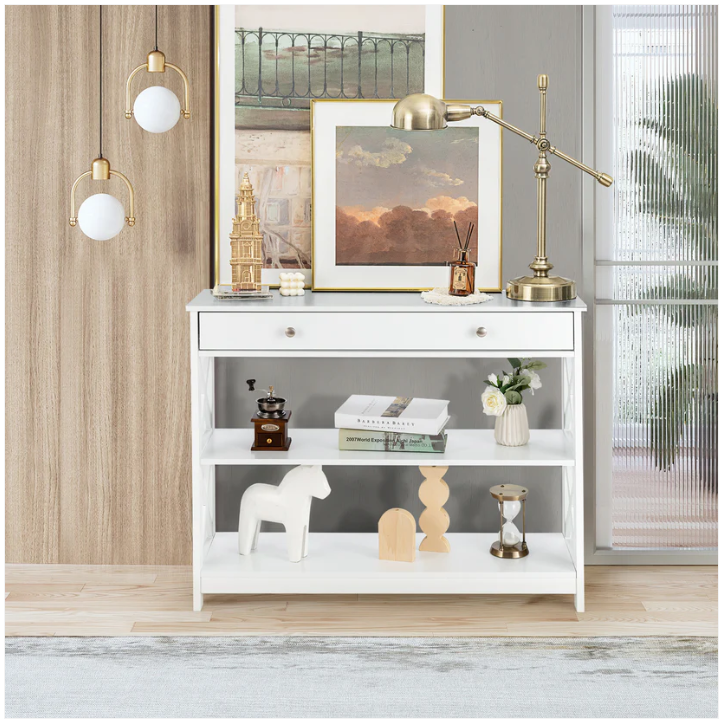 Console Table 3-Tier with Drawer and Storage Shelves-White - Scratch and Dent