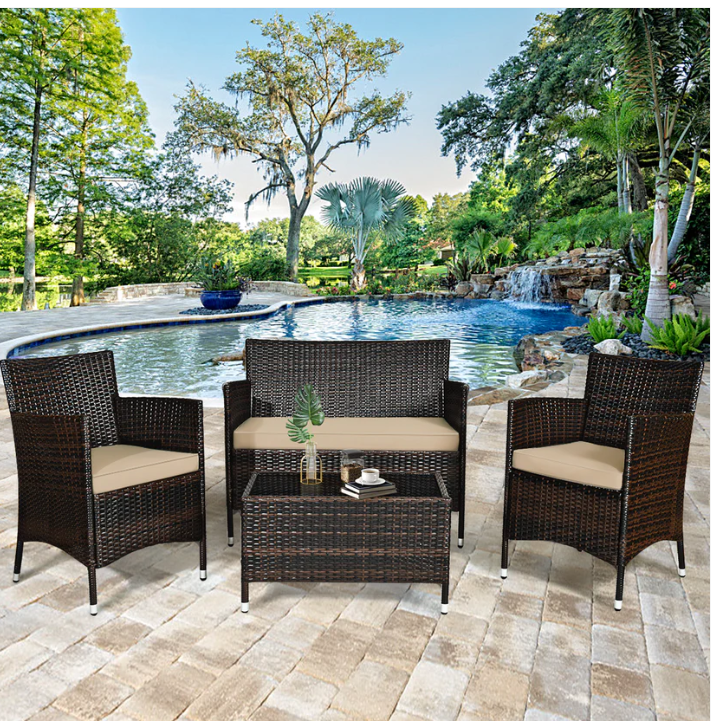 4 Pieces Rattan Sofa Set with Glass Coffee Table-Light Brown - *UNASSEMBLED/IN BOX*
